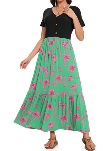 Image of VIISHOW Women's Short Sleeve Maxi Dress 2026 Summer V Neck Knit Loose Plain Empire Waist Casual Dresses with Pockets