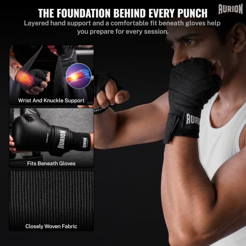 Image of Aurion 4.5 Meter Boxing Hand Wraps (180 Inch) | Professional Elastic Polyester-Cotton Handwrap for Boxing, MMA, Muay Thai & Heavy Bag | Durable Wrist & Knuckle Protection | Black (Pair)