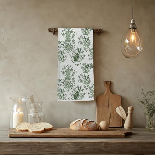 Image of Chinoiserie Boston Terrier Kitchen Towels, Green and White Floral Dog Dish & Tea Towels 16x24 Inch, Vintage Toile Farmhouse Kitchen Bathroom Decor, Dog Lover Gifts