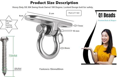Image of Q1 Beads 304 Stainless Steel Swivel Swing Hook Hanger 500 Kgs Load Capacity Heavy Duty Ceiling Hook Rotating Kada for Hanging Swing, Hammock,Playing Jhula,Playground, Porch, Yoga Seat (Chrome,1 Pc.)