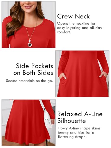 Image of AusLook Women's Plus Midi Dress Long Sleeve Crew Neck A-Line Swing Flowy Vacation Fall Wedding Guest Dresses with Pocket 1-5X