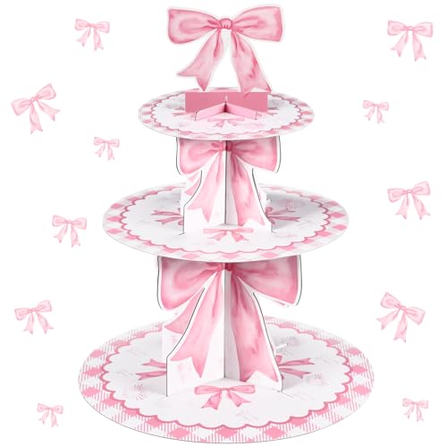 Willinglong 3 Tier Pink Bow Cake Stand Coquette Bow Party Birthday Cake Stand Decorations Pink Dessert Tower for Wedding Garden Birthday Party Supplies