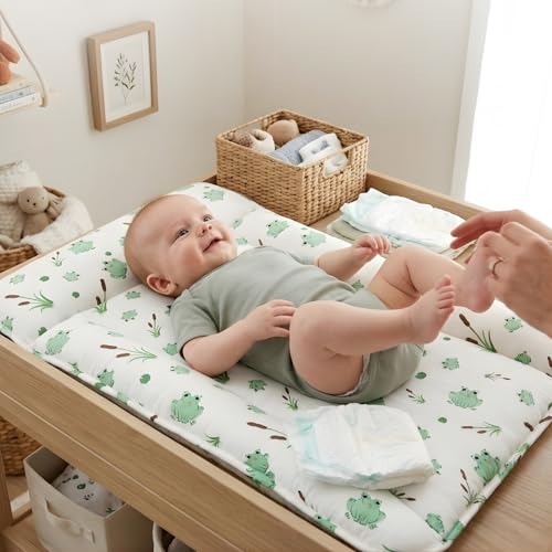 Tidy Sleep Baby Changing Station with Bolster Support & Pillow | Waterproof Cotton Poplin Changing Mat with TPU Backing, Extra Cushioned Portable Diaper Changing Pad for Newborns (0–3 Months) | Little Frog