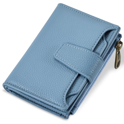 Small Wallet Women RFID Blocking Genuine Leather Bifold Compact Card Holder for Women with Zipper Coin Pocket 4 ID Windows