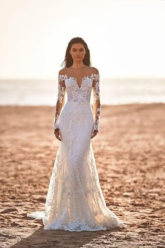 Mermaid Wedding Dresses for Bride Long Sleeve Beach Bride Dress with Train LW043