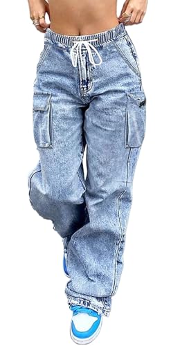 Cargo Jeans for Women Wide Leg Drawstring High Elastic Waisted Stretch Multi Pockets Baggy Denim Cargo Pant LightBlue XL