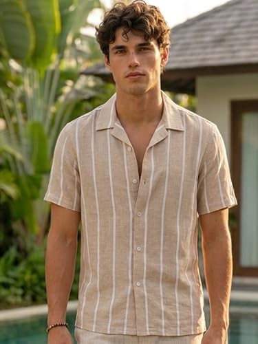 Image of Urbano Fashion Men's Cotton Half Sleeve Relaxed Fit Linen Striped Shirt with Cuban Collar