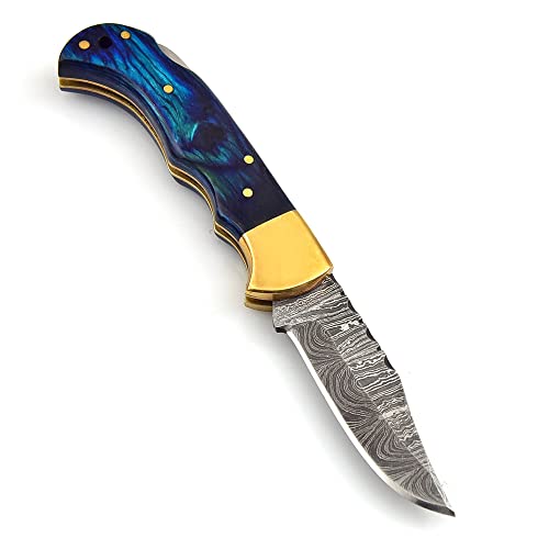 Handmade Damascus Pocket Knife For Men |Tactical Folding Pocket Knife With Lock | Best Knife For Fishing, Camping, Hiking | Damascus Steel Blade Foldable Hunting Knife With Horizontal Carry Sheath (Blue) #TOP1