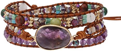 Plumiss Amethyst Stone Wrap Bracelets Natural Stone Beaded Strand Handmade Boho Bracelet for Women