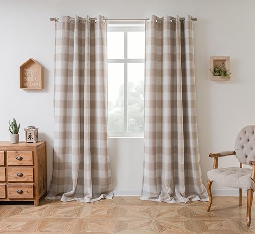 Driftaway CHECK5096TAUPE Buffalo Plaid Check Curtains Woven Plaid Pattern Lined Blackout Thermal Insulated Window Curtain Grommet 2 Layers 2 Panels 52 Inch cover