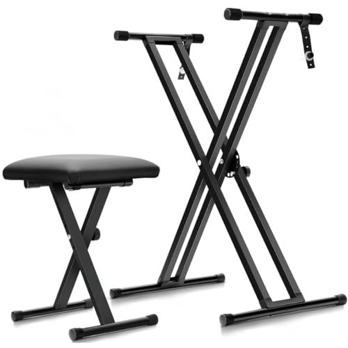 Image of DEVICE OF URBAN INFOTECH Keyboard Stand and Bench Set -Double X-Frame Piano Keyboard Stand with Padded Stool, Adjustable & Foldable Piano Stand Piano Bench Stool for Home, Studio, Stage & Beginners
