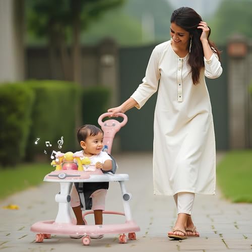 Image of Happy Bear Astro Baby Walker with Parent Handle | Height Adjustable Walker with parent Handle Baby 9 Months and Above | Activity Walker for Baby | Removable Push Parent Handle | Walker for Boys and Girls - Pink