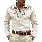 Herren Hemd Western Cowboy Stil 3D Druck Weiß - Vintage Mittelalter Hemden Stickerei Optik Langarm Männer Karneval Kostüm Party Oberteil Regular Fit