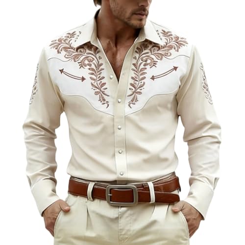 Herren Hemd Western Cowboy Stil 3D Druck Weiß Vintage Mittelalter Hemden Stickerei Optik Langarm Männer Karneval Kostüm Party Oberteil Regular Fit Faschingskostüm
