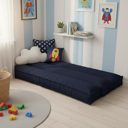 bananair - Futon 1 Place Épais & Confortable Fabriqué en France, Housse Lavable, Idéal comme Matelas de Sol, d'Appoint, Chauffeuse - Futon Pliable, Sangle de Rangement Incluse (90x190 cm, Bleu Nuit) – vue 6