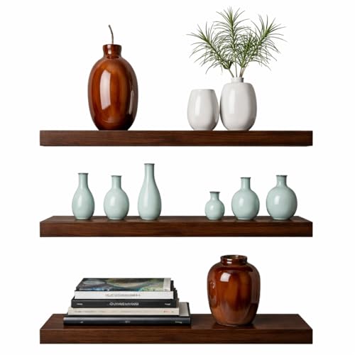 TOREOKO Étagère Murale Bois Foncé Lot de 3, Étagères Murales Flottantes 41cm en Acier Inoxydable, Tablette Murale Design Invisible pour Cuisine Salon Chambre Salle...