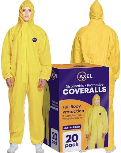 AXEL Hazmat Suits Disposable | 20 Pack | Yellow Protective Coveralls With Attached Hood - Chemical Protection, Industrial Coveralls for Men & Women - Breathable & Water-Resistant | Size 4X-Large