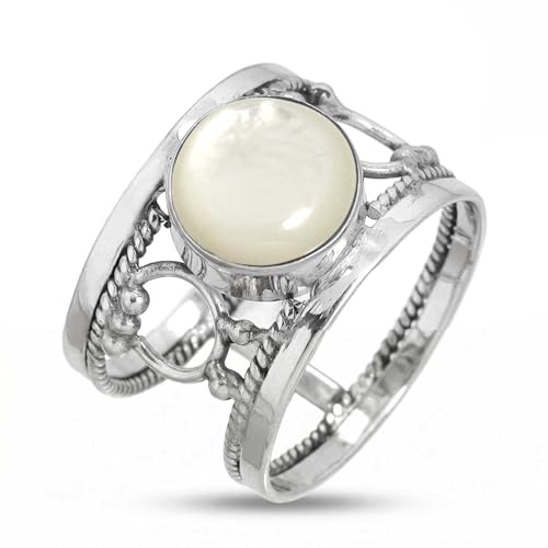 Jeweloporium Nacre Blanche Bague Plaqué Argent Taille 55.5, Bague en Argent .925 pour Femme, Bijou Bohème avec Pierre Précieuse Ronde Naturelle