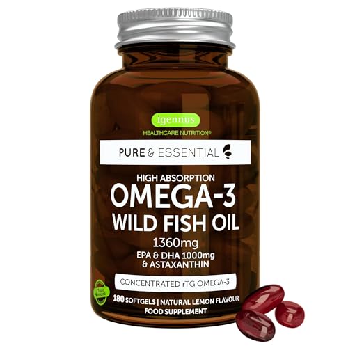 Omega 3 IFOS 5 Stelle 1000mg, Olio di Pesce Ultra Puro ad Alto Dosaggio, EPA 670mg & DHA 330mg, Trigliceride rTG Omega-3 Acidi grassi, 180 Softgel, Testato sicuro per mercurio, PCB e diossine, Igennus