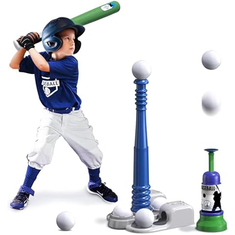 QDRAGON 2 in 1 T Ball Sets for Kids 3-5 5-8, Tee Ball Set with Automatic Pitching Machine/Adjustable Batting Bat & Stand/6 Balls, Baseball Toys Outdoor Sport for Toddlers Boys, Blue Cover