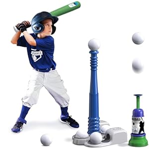 QDRAGON 2 in 1 T Ball Sets for Kids 3 5 5 8 Tee Ball Set with Automatic Pitching MachineAdjustable Batting Bat Stand6 Balls Baseball Toys Outdoor Sport for Toddlers Boys Blue