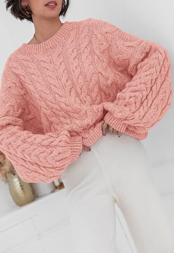Image of PRETTYGARDEN Womens Sweaters Spring 2026 Cable Knit Long Sleeve Crewneck Oversized Sweater Chunky Pullover Loose Outfits