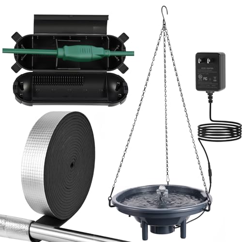 Acellegic Hanging Bird Bath Fountain Kit, 12 Inch Plastic Birdbath with Flowing Fountain, US Plug, 32.8 ft Pipe Insulation Tape Wrap, 8 Inch Outdoor Cord Connection Box for Garden Lawn Yard