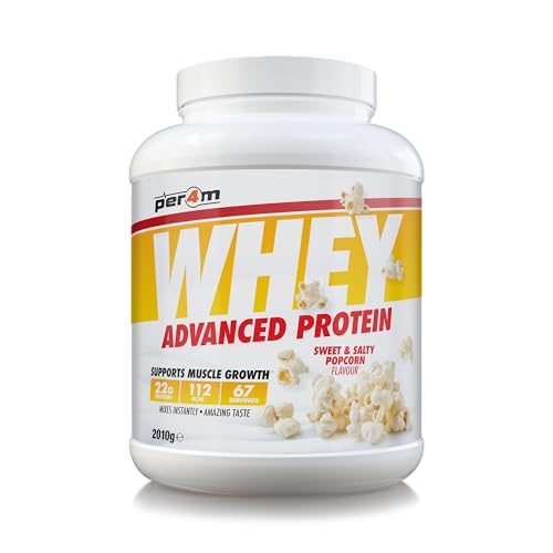 Per4m Whey Protein Powder | High Protein Shake for Muscle Growth & Recovery | Low Sugar Gym Supplement | Sports Nutrition Drink + Amino Acids (2010g, Sweet & Salty Popcorn)