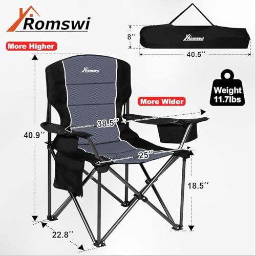 Image of Romswi Oversized Camping Chairs,Heavy Duty Support 500 LBS,Padded Back & Arm Sport Chairs, Cup Holder Cooler Bag, Collapsible Folding Chairs for Outdoor, Fishing & Garden, Black,2-Pack