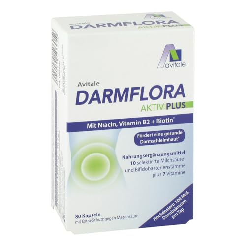 Avitale Darmflora Aktiv Plus mit 100 Mrd. Milchsäure– & Bifidobakterien aus 10 selektierten Stämmen und Vitamin A, B1, B2, B6, Biotin, Folsäure & Niacin, 80 Kapseln