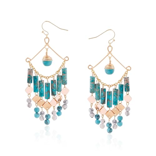 Turquoise Dangling Earrings – Dangle Earrings For Women With Emperor Stone – Bohemian Earrings For Beach & Boho Style – Women'S Turquoise Jewelry