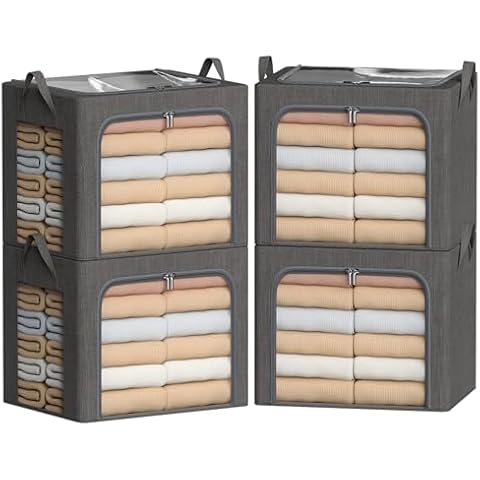 Clothes Storage Bins with Metal Frame-4 Pack Foldable Storage Organizer Bin for Clothes Linen Fabric Storage Box with Opening Clear Window (Drak Gray, 15.7"L x 11.8"W x 7.8"H(inch)) Cover