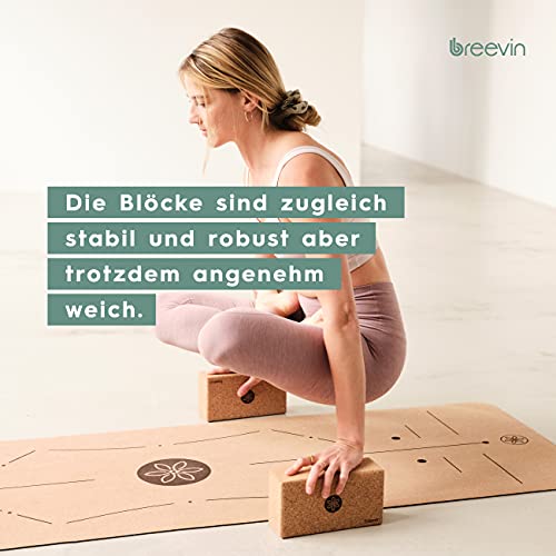 BREEVIN Yogablokken, kurk, set van 2, ecologisch en vrij van schadelijke stoffen, antislip, stabiele en ergonomische yogablokken, accessoires voor yoga, pilates en fitness, onderhoudsvriendelijk en antibacterieel yogablok - Image 8