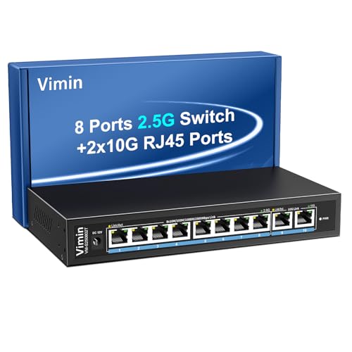 10 Port 10G/2.5G Ethernet-Switch mit Dual 10GBASE-T Vimin 8x 2.5G + 2 x 10Gb RJ45 Ports Unmanaged Switch 80 Gbit/s Kapazität 10G Switch Desktop Wandmontage-Netzwerk-Switch für NAS PC Access Point
