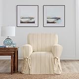 SureFit Heavyweight Cotton Duck Chair Slipcovers, Printed Heavyweight Cotton Chair Cover, One Piece Design, Armchair Cover with Seat Elastic and Adjustable Corner Ties, Natural with Blue Stripe