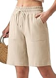 CHEERYAH Women's Linen Shorts Casual Bermuda Long Linen Beach Summer Shorts with Pockets High Waisted 10' Khaki XL