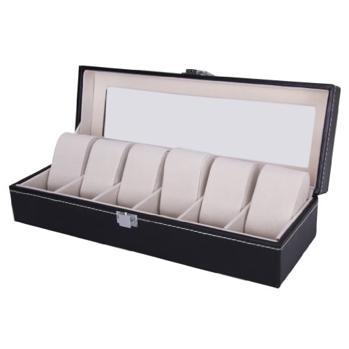EXCELVAN Ecrin/Presentoir avec 6 Rayonnages/emplacements pour Collection de Montre, Rangement pour Montre ou Bijoux-Coffret Montre Noir-Boîte à Bijoux