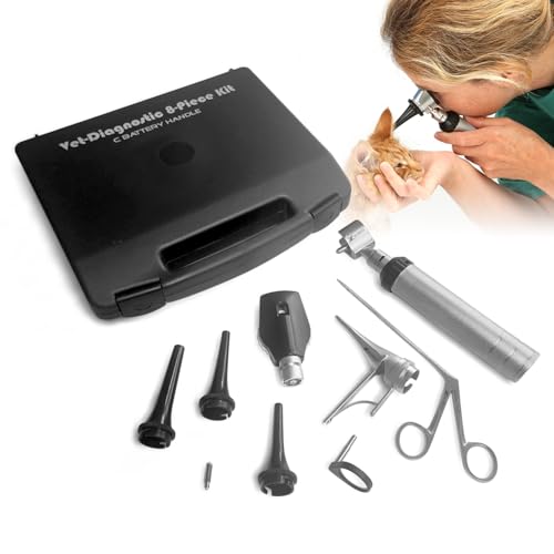 Vet-Otoscope with Ophthalmo-Scope Square Head 2 \"C Battery Handle 8-Pcs Kit with Black Plastic Box