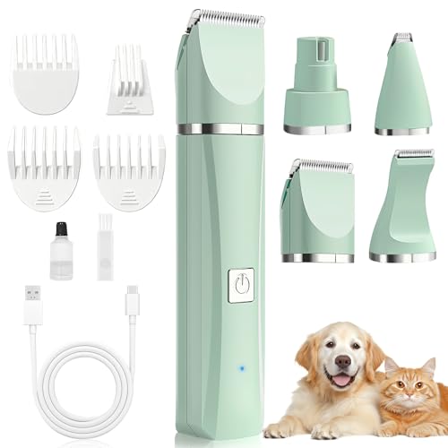 YGVQN Cortapelo 4 en 1 para Mascotas, Recargable USB, Silencioso Maquina Cortar Pelo Perros Cortapelos y Cortauñas Recargable con 4 Cabezales de Corte Multifuncionales Ideal para Perros, Gatos