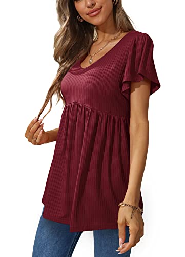 Glanzition Women Ruffle Short Sleeve V Neck Oversized Shirt Tunic Babydoll Tops3