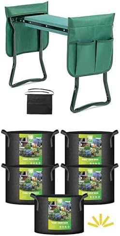 iPower 2024 Upgraded Garden Kneeler and Seat, with Sturdy Soft EVA Foam Pad, 2 Tool Pouch and 1 Apron, Hold 330lb, 5 Pack 10 Gallon Grow Bags