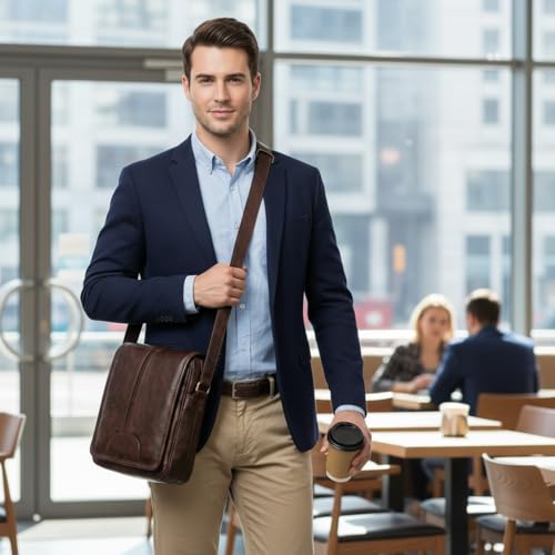 Image of Men's Leather Sling Bag Crossbody Messenger Shoulder Bag | Stylish Office Travel Side Bag with Multiple Compartments, Adjustable Strap & Secure Pockets for Daily Use