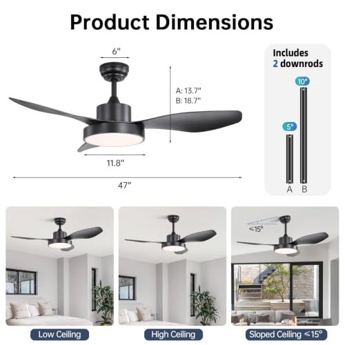 Image of Sofucor 47 Inch Ceiling Fan with Lights Flush Mount Modern Outdoor Ceiling Fans with Remote Control, 3CCT Dimmable 6 Speeds Quiet DC Motor & Timer for Patio Bedroom Living Room