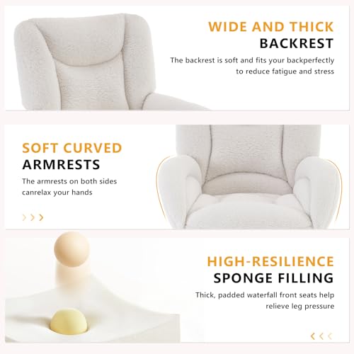 Image of FOXHUNTER Vanity Chair with Ergonomic Back & Wheels, 360 Swivel Accent Chair, Adjustable Height Home Office Chair for Living Room, Bedroom (Teddy,White)
