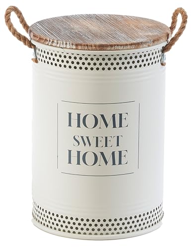 Kobolo Wäschebehälter HOME Gr. M | Ø 34 cm H: 47 cm | beige | Aufbewahrungstonne aus Metall mit Holzdeckel & Luftlöchern | moderner Wäschesammler...