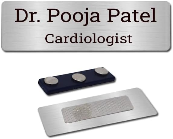 Custom Engraved Silver Colour Metal Name Tag Badges–Personalized Identification with 7.00 Centimeters (W)+2.50 Centimeters(H)| Name Plate on Suits,Shirt (Silver 2 Line Magnet)