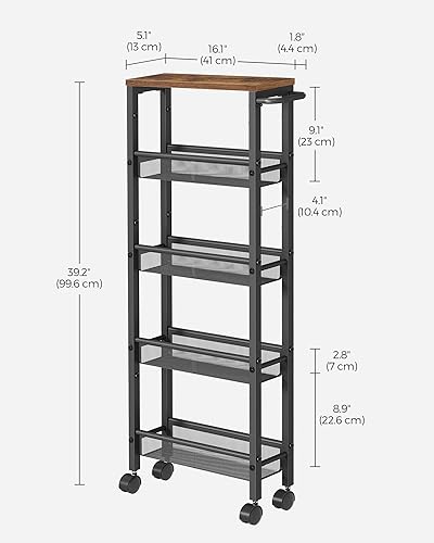 Image of VASAGLE Slim Rolling Cart, 5-Tier Storage Cart, Narrow Carts with Handle, 5.1 Inches Deep, Metal Frame, for Kitchen, Dining Room, Living Room, Home Office, Rustic Brown and Classic Black ULRC034B01