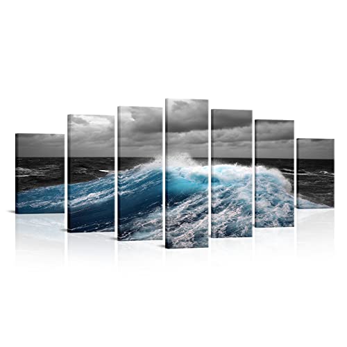 LevvArts XLARGE 7 Piece Ocean Waves Wall Art Black and White Blue Pictures Canvas Prints for Home Office Decor Ready to Hang Set of 7 Panels 70" W x 32" H by LevvArts - Used condition - US$73.21
