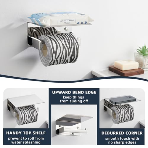 Image of Angle Simple Toilet Paper Holder with Shelf, Polished Chrome | SUS304 Stainless Steel Toilet Tissue Roll Holder, Fit Most Rolls, Extra Shelf for Storing Phones Wet Wipes, Screw Wall Mount