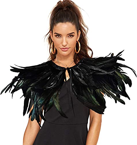 Women' Natural Feather Shrug Cape Shawls Lace Collares for Halloween Cosplay Black